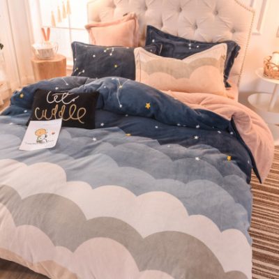San hô lông cừu bốn mảnh flannel hai mặt sang trọng dày mùa đông pha lê sữa lông cừu giường lanh chăn