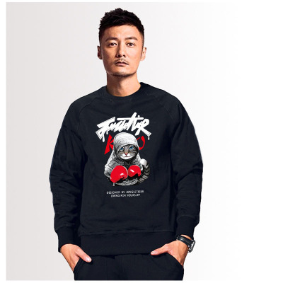 Hồng Kông nó thủy triều thương hiệu Yu Wenle áo len cổ tròn nam Nhật Bản rộng kích thước lớn mùa thu và mùa đông cộng với áo khoác dài tay nhung nhung