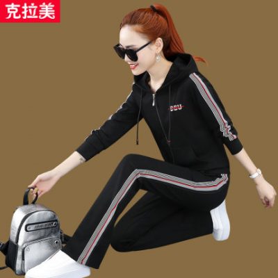 Bộ đồ thể thao mùa thu trùm đầu mùa thu xuân nữ 2019 mới thời trang dài tay mùa thu lỏng giản dị bộ đồ hai mảnh