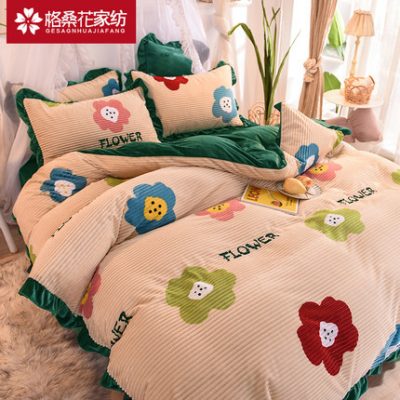 Bộ đồ lót nhung bốn mảnh nhung san hô nhung cộng với nhung hai mặt nhung nhung flannel mùa đông chăn bông tuyết 4