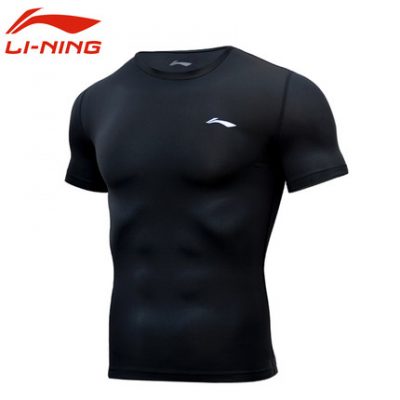 Li Ning quần áo thể dục nam quần áo thể dục quần thể thao quần thể dục đào tạo nén quần áo nhanh khô cổ tròn tay áo ngắn