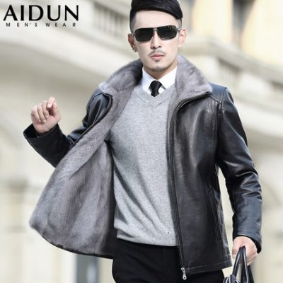 Áo khoác lông chồn nam mùa đông lót lông chồn khắc phục Hained da nam da dê áo khoác lông