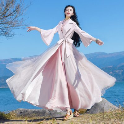Bokei Women Half Wei Mùa thu 2019 Mới Eo Băng Lưới Đôi Ngực Văn Văn Áo Gió mỏng Áo Dài