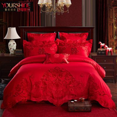 Thưởng thức bộ chăn ga gối cotton bốn mảnh với bộ chăn ga gối cotton thêu lớn màu đỏ Trung Quốc