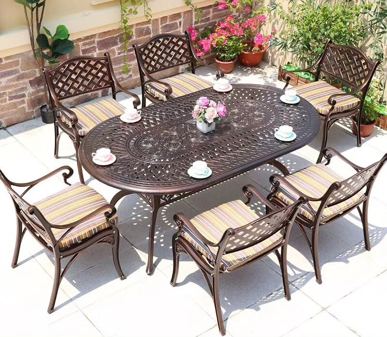 Ban công sân vườn ngoài trời bàn ghế nhôm đúc ngoài trời patio nhôm bàn ghế thư giãn nhôm hình bầu dục bàn ghế dài (5)