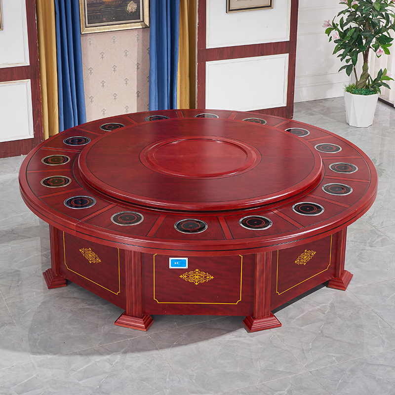 Bàn lẩu và bếp từ tích hợp bàn ghế ăn điện thương mại kết hợp gỗ nguyên tấm không hút thuốc nhà hàng khách sạn bàn tròn lớn (1)