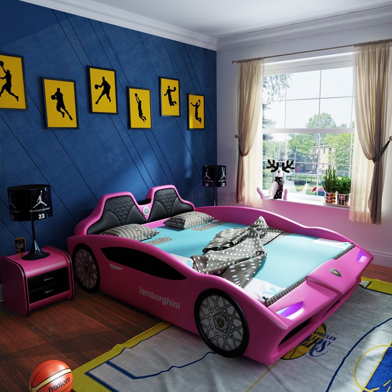 Giường gỗ ô tô trẻ em 1,5M bé trai lưu trữ đơn giường thể thao xe hơi bằng da 1,2M bé gái phim hoạt hình khâu giường công chúa (1)