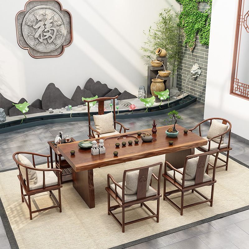 Bàn trà và ghế kết hợp bàn phiến gỗ nguyên khối kiểu mới Trung ...