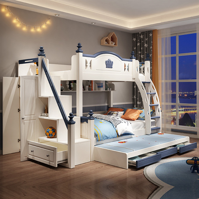 Giường trẻ em ngoài giường, giường ngủ cho bé trai và mẹ, giường tầng dưới, cầu trượt hai lớp bằng gỗ nguyên khối, tủ quần áo kết hợp giường ngủ