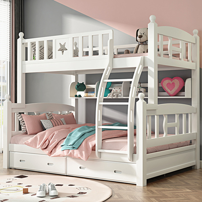 Giường cao thấp màu trắng, giường mẹ và con, giường tầng gỗ nguyên tấm, giường gỗ, giường trẻ em bằng gỗ sồi, giường tầng, giường tầng
