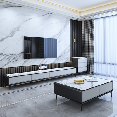 Bàn ghế đá hiện đại tối giản tủ tivi bàn cà phê kết hợp ánh sáng sang trọng phòng khách căn hộ nhỏ tối giản phong cách Ý tủ âm tường chân cao