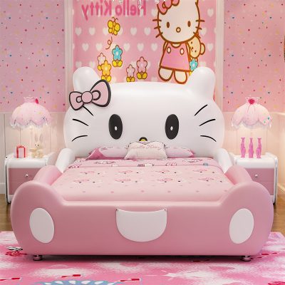 Giường ngủ trẻ em Hello Kitty bé gái giường công chúa da trải giường bằng gỗ rắn 1,2m phòng nhỏ giường đơn giản hiện đại