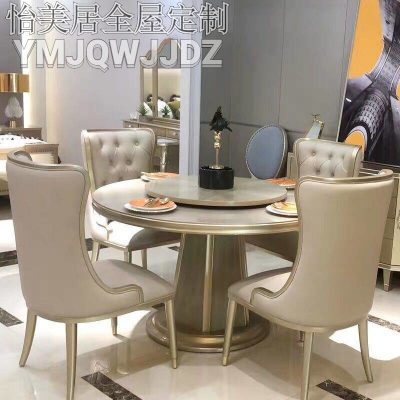 Nhẹ sang trọng kiểu Mỹ hiện đại tối giản bàn ăn tròn tối giản bàn ăn bằng gỗ nguyên khối Châu Âu và ghế kết hợp nhà hàng nhà hàng bàn ăn một bàn và sáu ghế