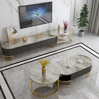 Bàn cafe đá bàn cafe tủ tivi kết hợp ánh sáng sang trọng hiện đại tối giản bàn cafe hình bầu dục phòng khách hộ gia đình căn hộ nhỏ có thể thu vào