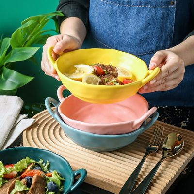 Nordic Creative Binaural Bowl Soup Bowl Salad Bowl Single Gia đình Búa Búa gốm Bát mì Ramen Bát Bộ đồ ăn Dĩa Bát đĩa