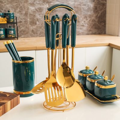 Bộ thìa thép không gỉ 304 bộ thìa nấu ăn gia dụng Dụng cụ nhà bếp Giá đỡ Daquan nhiệt độ cao thìa súp chiên Bảo quản tiện lợi, bền và sạch sẽ