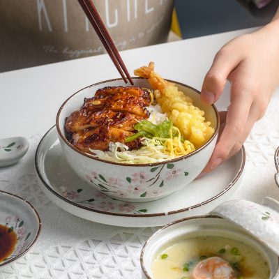 Bộ tô-bát kiểu Nhật, làm từ gốm sứ, cách nhiệt tốt, họa tiết tráng men bông tuyết.