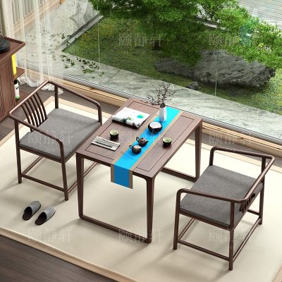 Bàn trà kiểu Trung Quốc mới và ghế kết hợp gỗ óc chó màu đen.