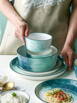 bộ bát đĩa màu xanh loang (1)