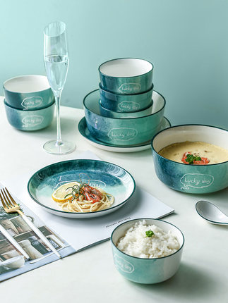 bộ bát đĩa màu xanh loang (3)