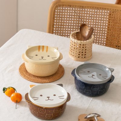 Bát gốm sứ hình chú mèo phong cách Nhật Bản , có thể dùng cho lò vi sóng.
