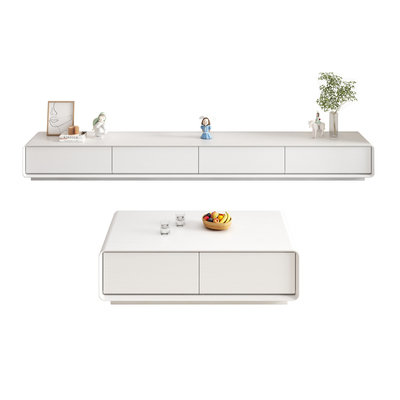 Tủ tivi hiện đại bo tròn màu trắng kết hợp bàn cafe bàn ghế phòng khách tối giản kiểu Bắc Âu Tủ tivi chung cư nhỏ