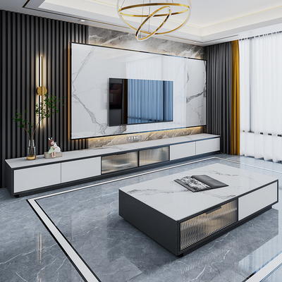 Tủ tivi đá phiến sáng kết hợp bàn cà phê hiện đại tối giản ánh sáng sang trọng căn hộ nhỏ phòng khách cửa kính tủ âm tường