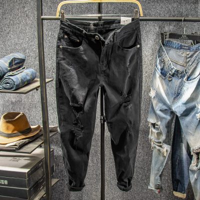 Sangu kapok mùa hè lỗ đen quần denim chín điểm nam triều tất cả các trận đấu tự tu luyện chân 9 điểm quần ăn xin nam
