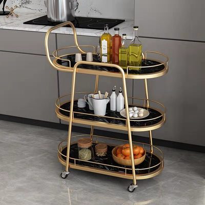 Bắc Âu di động xe ăn uống khách sạn thương mại nhà hàng rượu có bánh xe vàng ba lớp đá cẩm thạch ánh sáng xe đẩy sang trọng