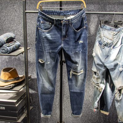 Sangu kapok triều thương hiệu hoài cổ retro gió ăn mày lỗ quần jean thẳng người đàn ông quần dài vá chín điểm đàn ông