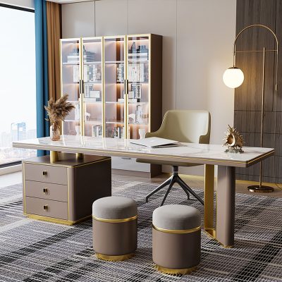 Bàn ghế phòng làm việc mặt đá phiến, chất liệu thép không gỉ titan, tối giản, hiện đại.