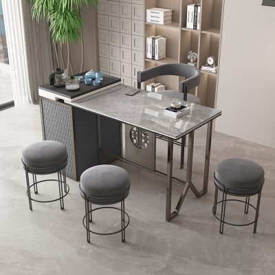 Bàn trà mặt bàn đá, chân sắt nhập khẩu.