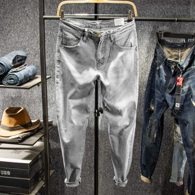 Sangu kapok mùa hè màu xám nhạt chín điểm quần jean nam triều thương hiệu thô cạnh tự tu luyện chân nhỏ đóng quần nam 9 điểm