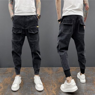 22 nam mới rắn màu mỏng phù hợp với chân nhỏ giản dị quần jean chùm chân xu hướng quần chín điểm màu đỏ lưới với cùng một chiếc quần yếm