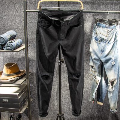 Sangu kapok đen từ đầu gối rách quần jean nam hợp thời trang tất cả các trận đấu mùa hè quần tây mỏng mỏng mỏng