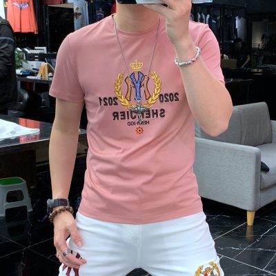 Áo thun ngắn tay sequins của nam giới thương hiệu thủy triều thêu hoa văn xu hướng 2022 trang phục mùa hè mới lưới màu đỏ mỏng phần nửa tay áo thun nam