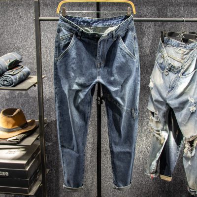 Sangu kapok mùa thu Hồng Kông phong cách lớn chất béo thẳng quần jean nam thủy triều thương hiệu trong quần harem của nam giới quần ống rộng