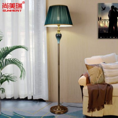 Đèn sàn kiểu Mỹ phòng khách phòng ngủ đèn bàn đầu giường vải dọc Gốm trang trí cổ điển Trung Quốc màu xanh-xanh lá cây điều khiển từ xa