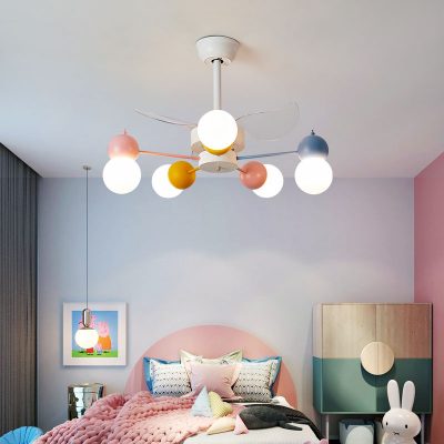 Bắc Âu phòng trẻ em quạt đèn phòng ngủ hành tinh đèn chùm công chúa phòng macaron cậu bé cô gái phòng quạt trần đèn