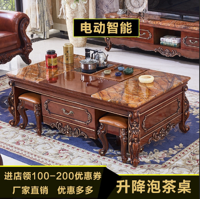Bàn cafe nâng thông minh bằng đá cẩm thạch phong cách Châu Âu phòng khách bàn trà gia đình với bộ bàn trà gỗ nguyên tấm bàn điện đa năng