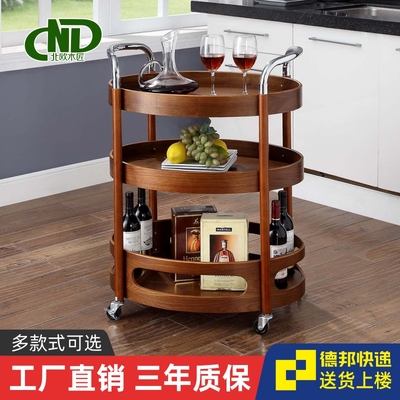 Xe đẩy ăn uống bằng gỗ rắn xe đẩy di động nhà hàng trà nhà hàng khách sạn đẩy tay xe đẩy ăn uống ba tầng xe đẩy rượu tròn