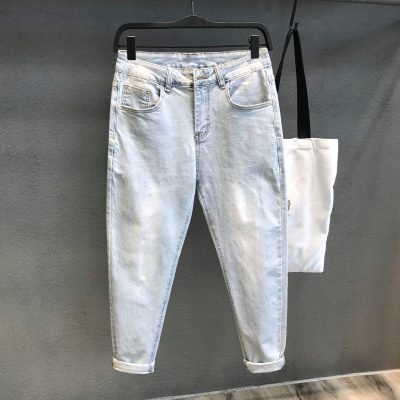 Giặt thủ công nặng và mài trắng màu sáng mùa hè quần jean nam đàn hồi mỏng quần bút chì mỏng chín điểm quần retro của nam giới