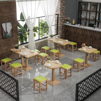 Bàn ghế ăn nhanh gỗ rắn ghế đẩu vuông nhỏ đơn giản quán trà sữa tráng miệng nhà hàng phương tây quán ăn nhanh quán ăn cay nóng bàn ghế
