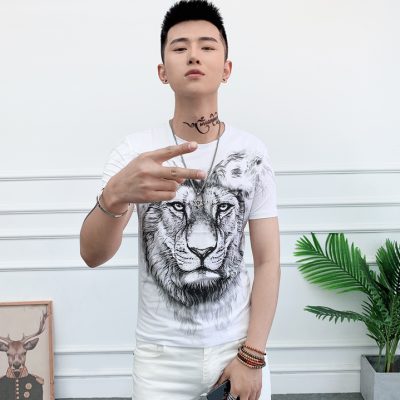 Áo thun nam tay ngắn cotton mùa hè Hàn Quốc mỏng hàng đầu nam giới Thường xuyên in nửa tay áo thun Tide Thương hiệu Cổ tròn