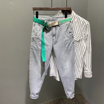 Quần jean chín điểm màu xám nhạt nam triều thương hiệu cá tính túi xiên cổ điển cũ và hơi thu gọn quần bút chì mỏng giản dị