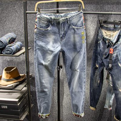 Sangu kapok màu sáng phong cách Trung Quốc quần jean thêu cao cấp của nam giới mỏng chân nhỏ thủy triều thương hiệu quần dài nam đẹp trai ruffian