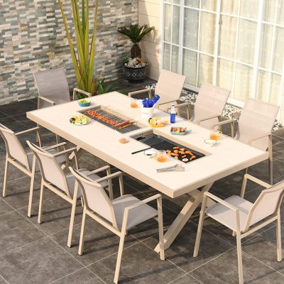 Bàn ghế ngoài trời nhôm đúc, kèm bếp nướng nhập khẩu.