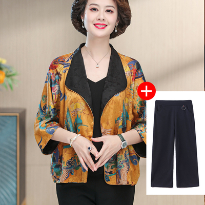 5-20257 Tay áo ba phần tư in ngắn hai mặt rời áo khoác cardigan cho phụ nữ trung niên và cao tuổi