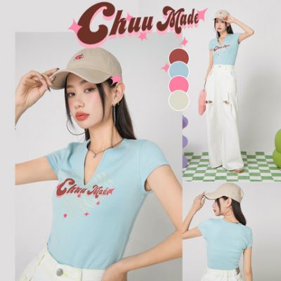 Áo thun nữ ngắn tay in chữ CHUU 2022 mùa hè mới phiên bản Hàn Quốc màu xanh da trời dáng ngắn