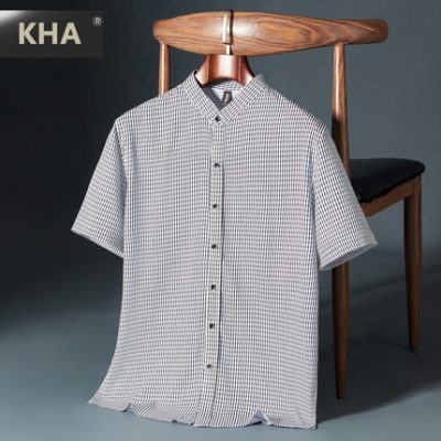 Bố mùa hè áo sơ mi lụa ngắn tay nam trung niên cổ đứng sọc cho người trung niên và người già áo sơ mi lụa mỏng mùa hè